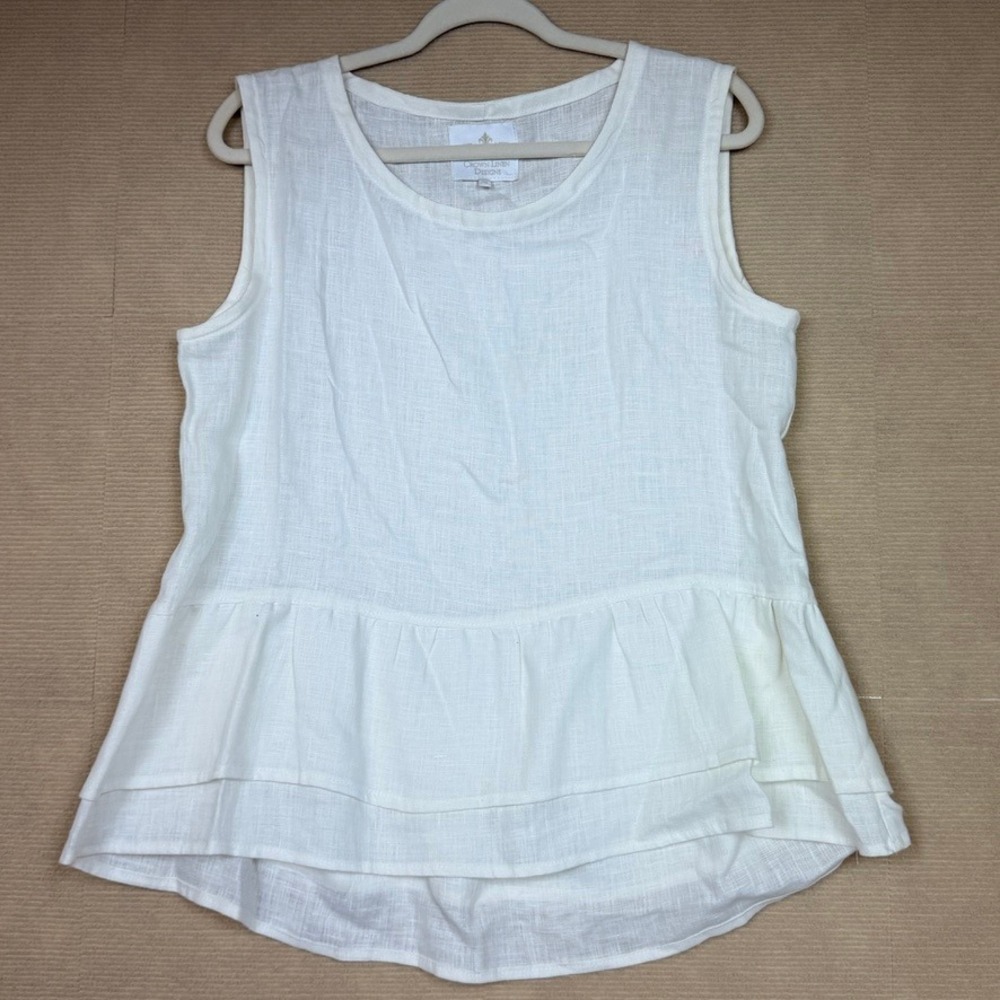 Crown Linen Designs Womens White Sleeveless Tiered Ruffle Hem Linen Top Size M